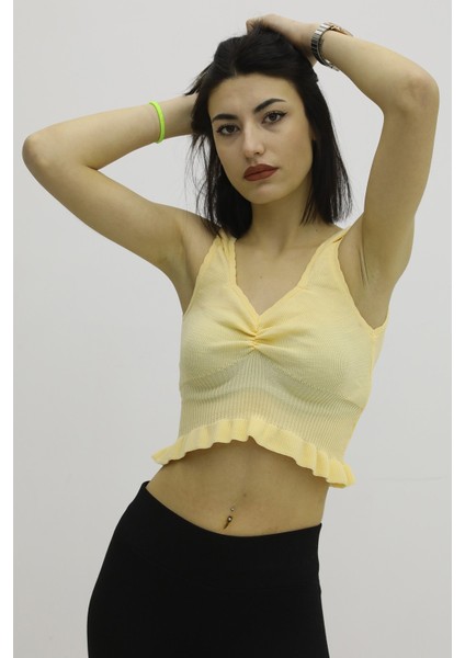 Bel Lastikli Triko Bluz Hardal - P-019708