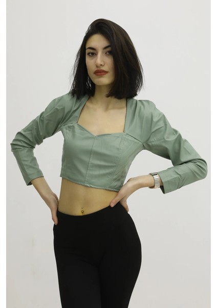 Sırt Lastikli Dekolteli Deri Bluz Yeşil - P-019690 fiyatları