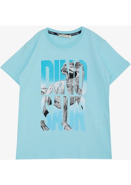 Erkek Çocuk Tişört Kükreyen Dinozor Baskılı 5-10 Yaş, Açık Mavi