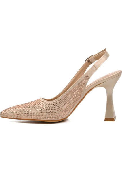 181 Kadın Sivri Burun Taşlı Kadeh Ökçe Abiye Ayakkabı Ten