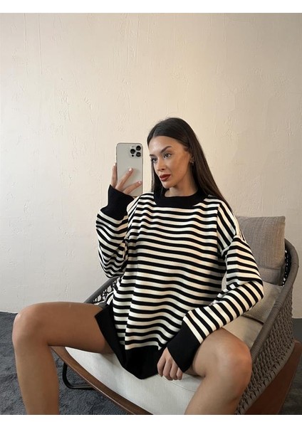 3344 Çizgili Salaş Kazak-Siyah-Krem fiyatları