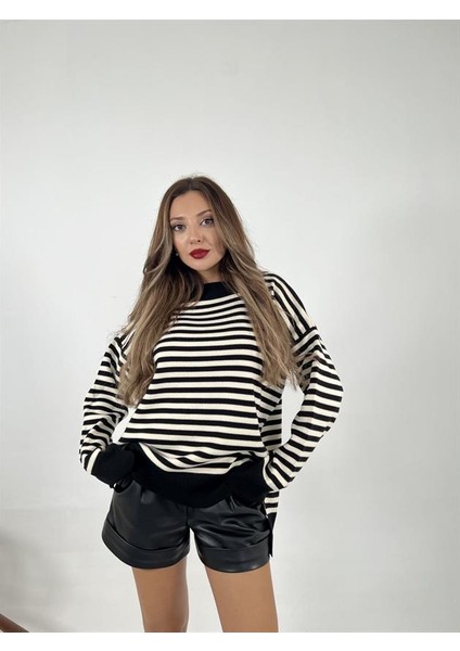 3344 Çizgili Salaş Kazak-Siyah-Krem modelleri