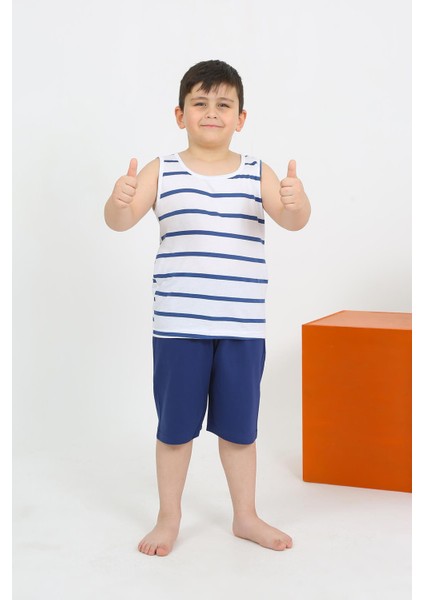 Erkek Çocuk Sıfır Kol Şortlu Beyaz Penye Pijama Takımı 20435