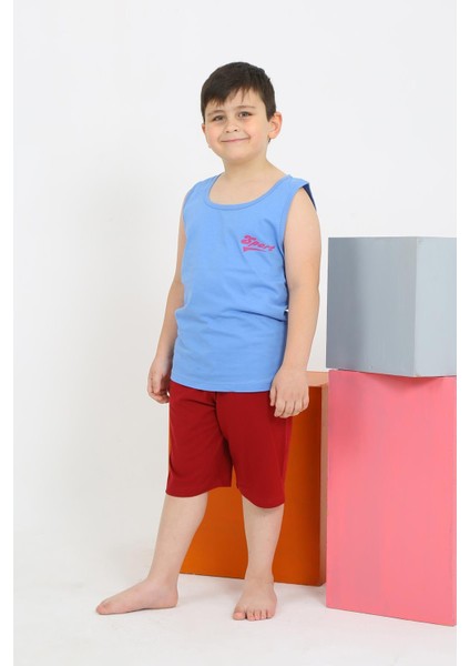 Erkek Çocuk Sıfır Kol Şortlu Mavi Penye Pijama Takımı 20434