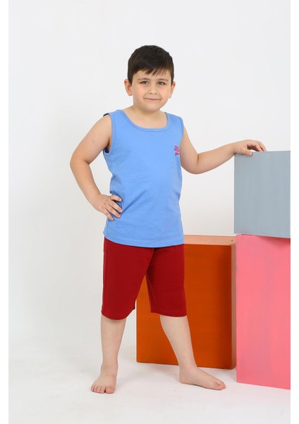 Erkek Çocuk Sıfır Kol Şortlu Mavi Penye Pijama Takımı 20434