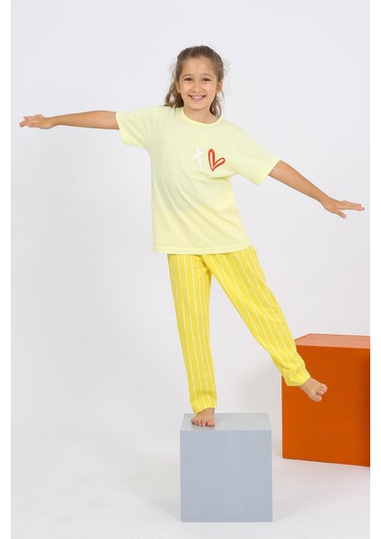 Kız Çocuk Kısa Kol Sarı Penye Pijama Takım 20432