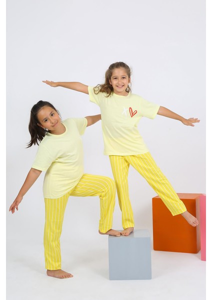 Kız Çocuk Kısa Kol Sarı Penye Pijama Takım 20432