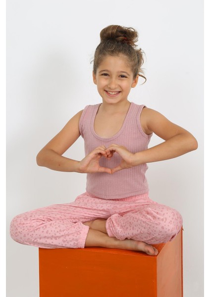 Kız Çocuk Sıfır Kol Gül Kurusu Penye Pijama Takım 20433 modelleri