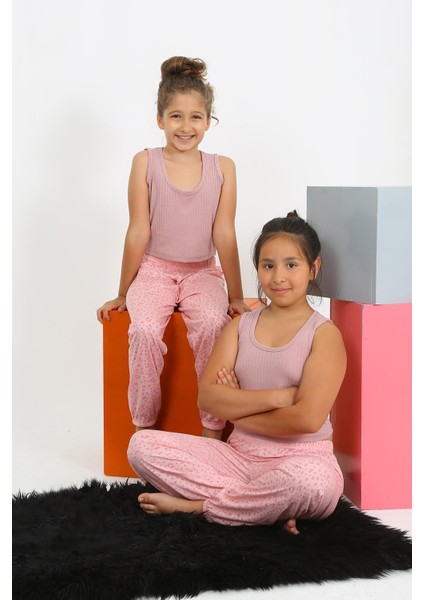 Kız Çocuk Sıfır Kol Gül Kurusu Penye Pijama Takım 20433 fırsatları