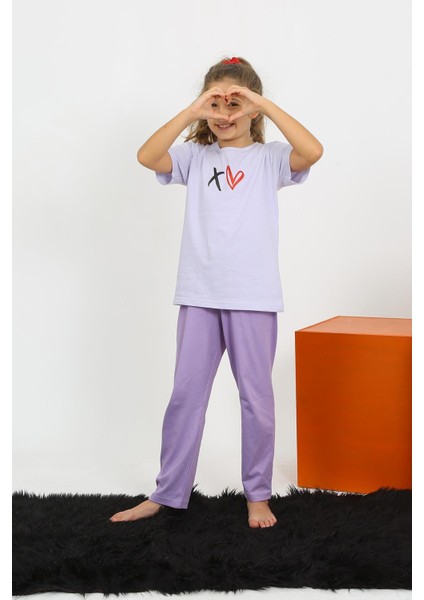 Kız Çocuk Kısa Kol Lila Penye Pijama Takım 20432