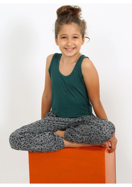 Kız Çocuk Sıfır Kol Zümrüt Yeşili Penye Pijama Takım 20433