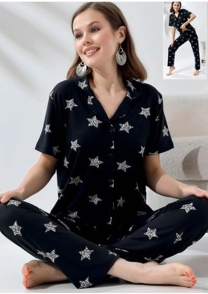 3015 Rink Viskon 5 Düğmeli Kısa Kollu Kadın Pijama Takımı