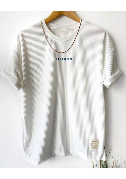 Erkek Beyaz Bisiklet Yaka Nakışlı Oversize T-Shirt