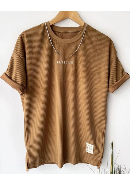 Erkek Kahverengi Bisiklet Yaka Nakışlı Oversize T-Shirt