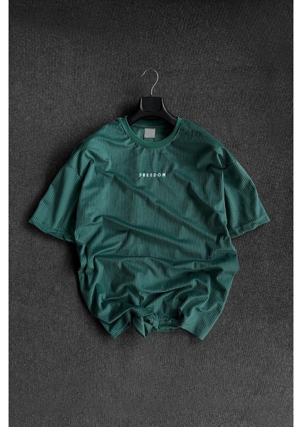 Erkek Petrol Yeşili Bisiklet Yaka Nakışlı Oversize T-Shirt