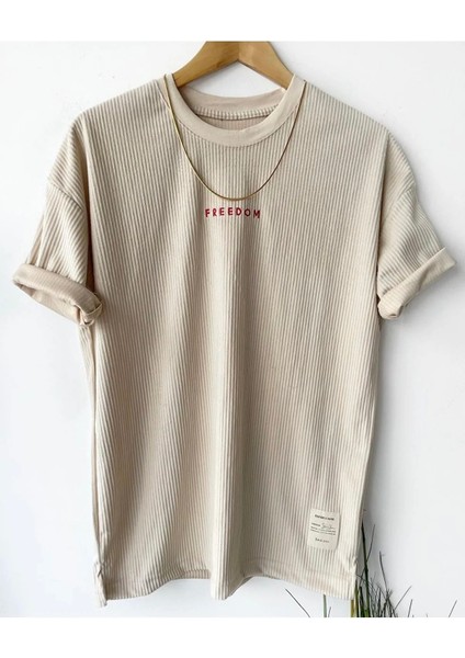 Erkek Krem Bisiklet Yaka Nakışlı Oversize T-Shirt