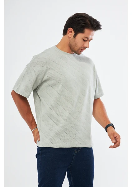 Unisex Ajurlu Gri Oversize Bol Kalıp Basic T-Shirt