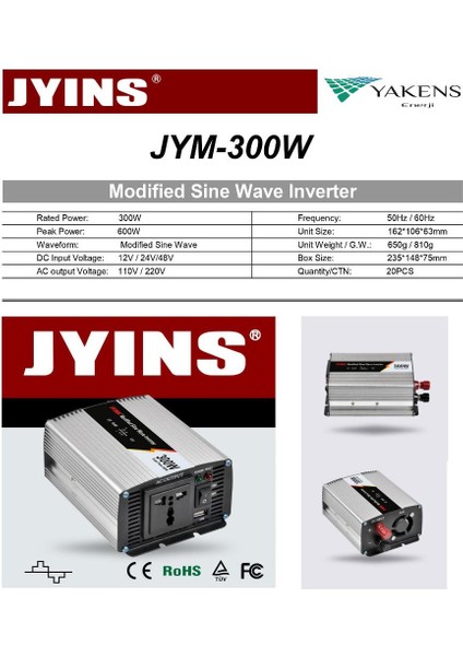 300 Watt 12V Modifiyesinüs Inverter Jyıns indirimleri