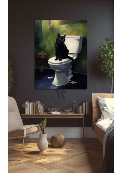 Klozet Üzerinde Oturan Siyah Kedi Kanvas Tablo