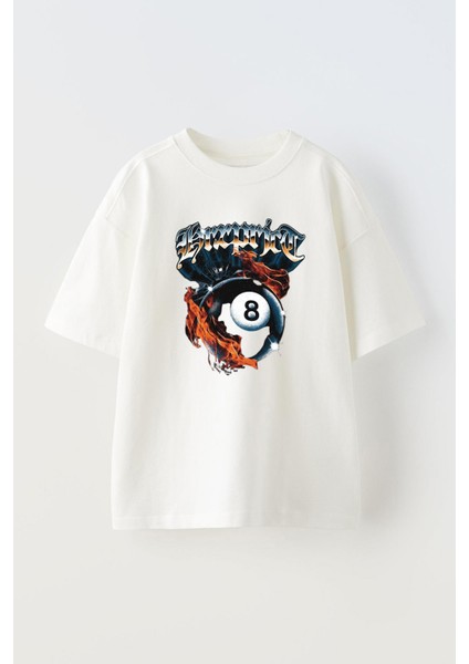 Unisex Bilardo Topu Tasarım Baskılı Pamuk Beyaz Oversize T-Shirt