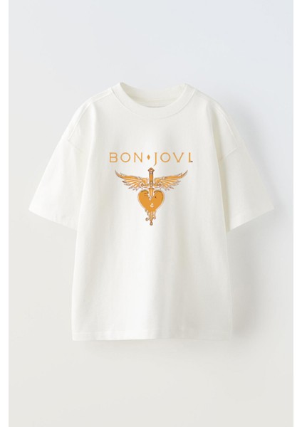 Unisex Bon Jovi Tasarım Baskılı Pamuk Beyaz Oversize T-Shirt