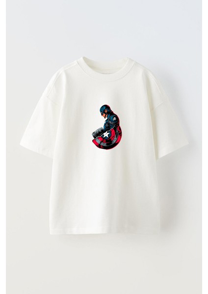 Unisex Captain America Marvel Tasarım Baskılı Pamuk Beyaz Oversize T-Shirt