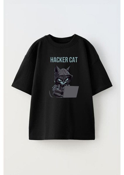 Unisex A Hacker Cat Tasarım Baskılı Pamuk Sıyah Oversize T-Shirt