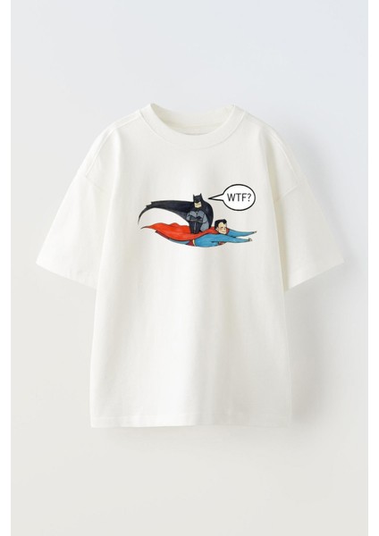 Unisex Batman Superman Tasarım Baskılı Pamuk Beyaz Oversize T-Shirt