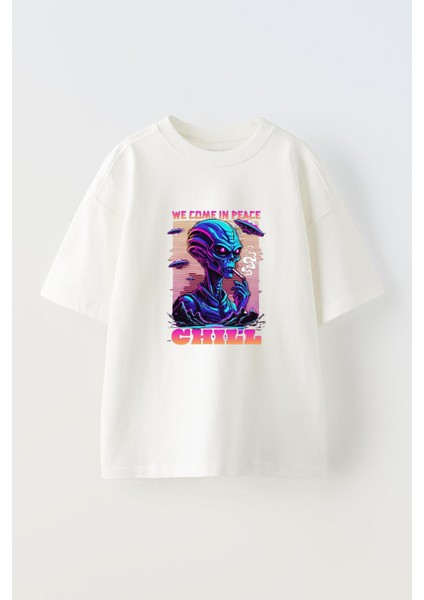 Unisex Chill Design Template Tasarım Baskılı Pamuk Beyaz Oversize T-Shirt