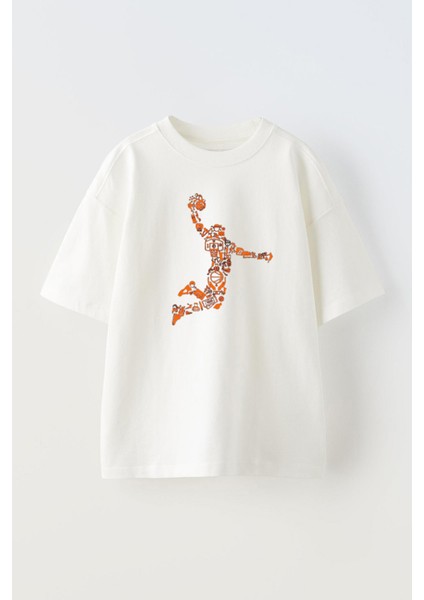 Unisex Basketbol Orange Tasarım Baskılı Pamuk Beyaz Oversize T-Shirt