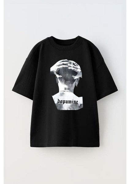 Unisex Dopamine Tasarım Baskılı Pamuk Sıyah Oversize T-Shirt