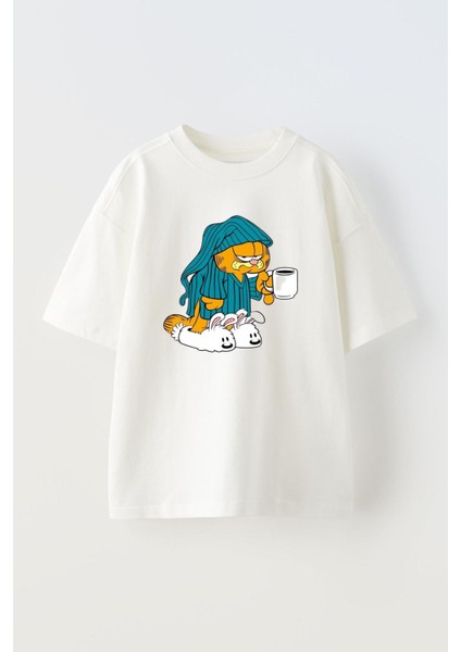 Unisex Uykusuz Garfield Tasarım Baskılı Pamuk Beyaz Oversize T-Shirt