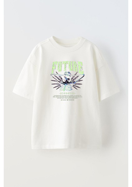 Unisex Future Skeleton Tasarım Baskılı Pamuk Beyaz Oversize T-Shirt