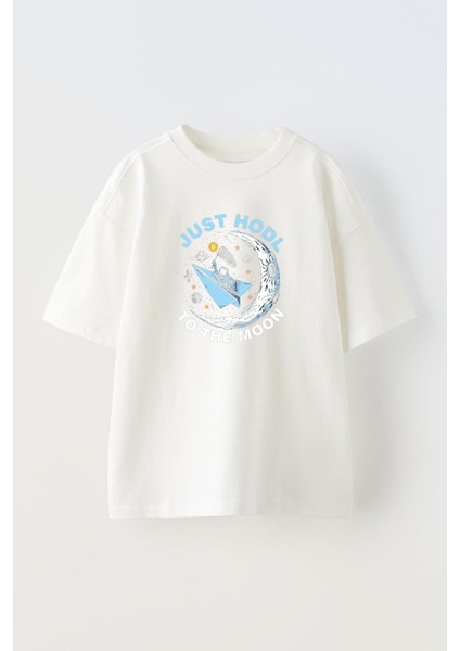 Unisex Just Hodl Te The Moon Tasarım Baskılı Pamuk Beyaz Oversize T-Shirt