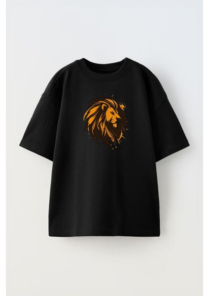 Unisex Lion Head Tasarım Baskılı Pamuk Sıyah Oversize T-Shirt