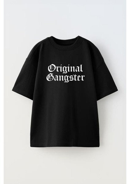 Unisex Orginal Gangster Tasarım Baskılı Pamuk Sıyah Oversize T-Shirt