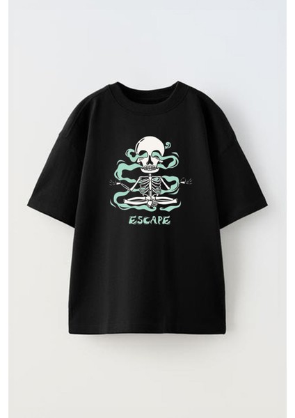 Unisex Escape Kurukafa Tasarım Baskılı Pamuk Sıyah Oversize T-Shirt