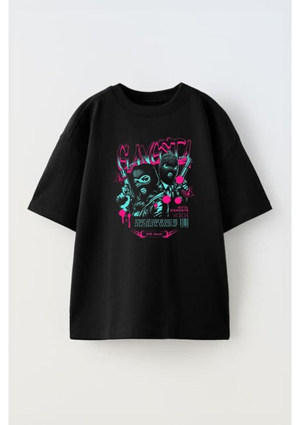 Unisex Gangsta Design Template Tasarım Baskılı Pamuk Sıyah Oversize T-Shirt