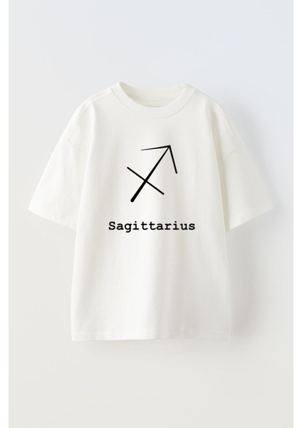 Unisex Yay Burcu Tasarım Baskılı Pamuk Beyaz Oversize T-Shirt