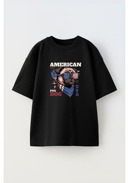 Unisex American Pug Dog Tasarım Baskılı Pamuk Sıyah Oversize T-Shirt