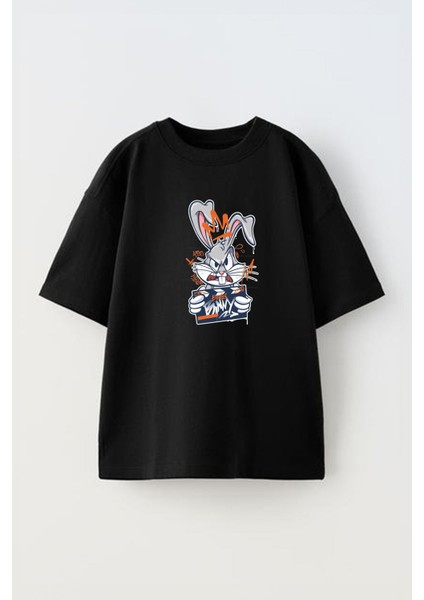 Bugs Bunny Street Movie Tasarım Baskılı Pamuk Sıyah Oversize T-Shirt