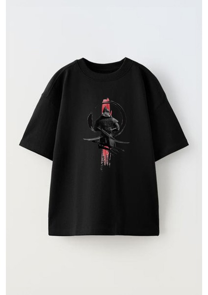 Unisex Samuray Japon J Katana Tasarım Baskılı Pamuk Sıyah Oversize T-Shirt