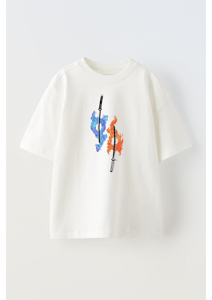 Unisex Mavi ve Turuncu Samuray Kılılcı Tasarım Baskılı Pamuk Beyaz Oversize T-Shirt