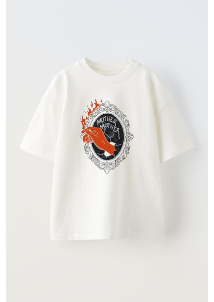 Unisex Mother Mother Ayna Tasarım Baskılı Pamuk Beyaz Oversize T-Shirt