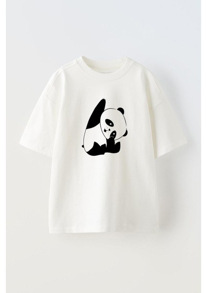 Unisex Osito Panda Saludando Tasarım Baskılı Pamuk Beyaz Oversize T-Shirt