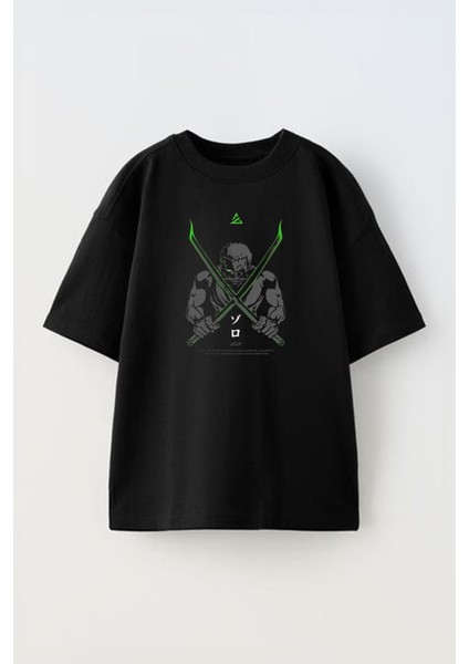 Unisex Zoro Green Sword Tasarım Baskılı Pamuk Sıyah Oversize T-Shirt