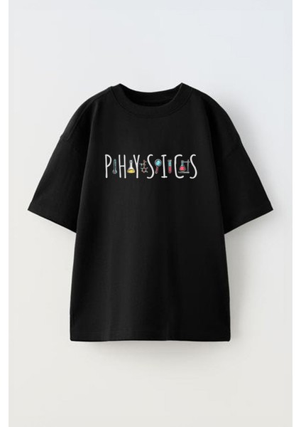 Unisex Physics Tasarım Baskılı Pamuk Sıyah Oversize T-Shirt