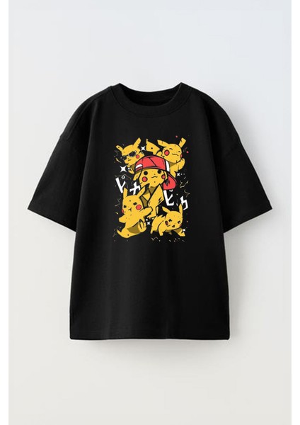 Unisex Pikachu 03 Tasarım Baskılı Pamuk Sıyah Oversize T-Shirt