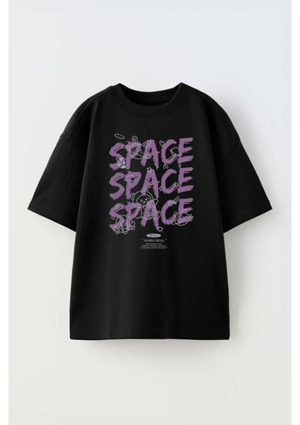 Unisex Space Ayıcık Tasarım Baskılı Pamuk Sıyah Oversize T-Shirt