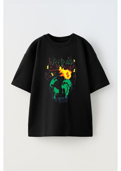 Unisex Tou Loved Only Moneyt Tasarım Baskılı Pamuk Sıyah Oversize T-Shirt